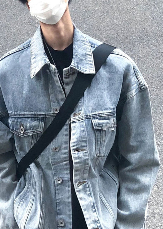 Simple Blue Peter Pan Collar Button Denim Mens Coats Spring TC043