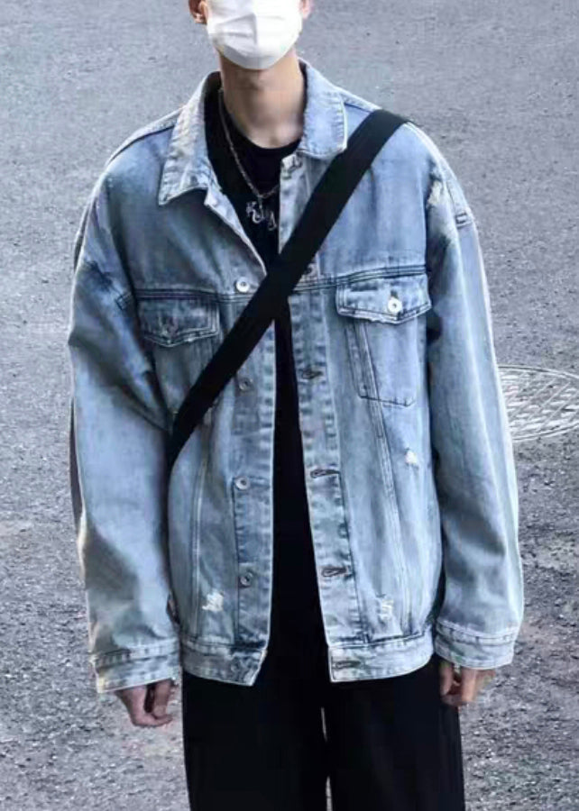 Simple Blue Peter Pan Collar Button Denim Mens Coats Spring TC043