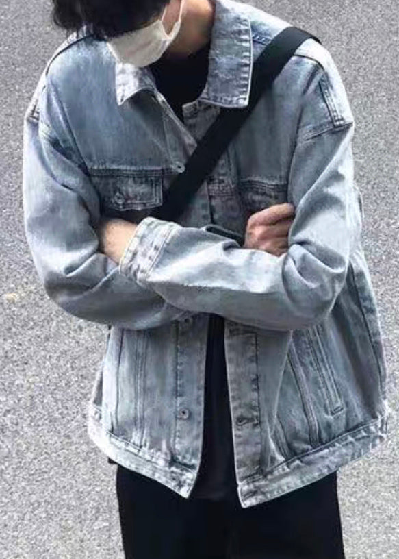 Simple Blue Peter Pan Collar Button Denim Mens Coats Spring TC043