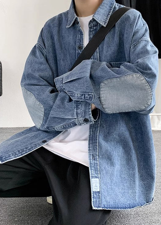 Collar Pan Shirts Pockets Simple Patchwork Peter Blue Denim Mens