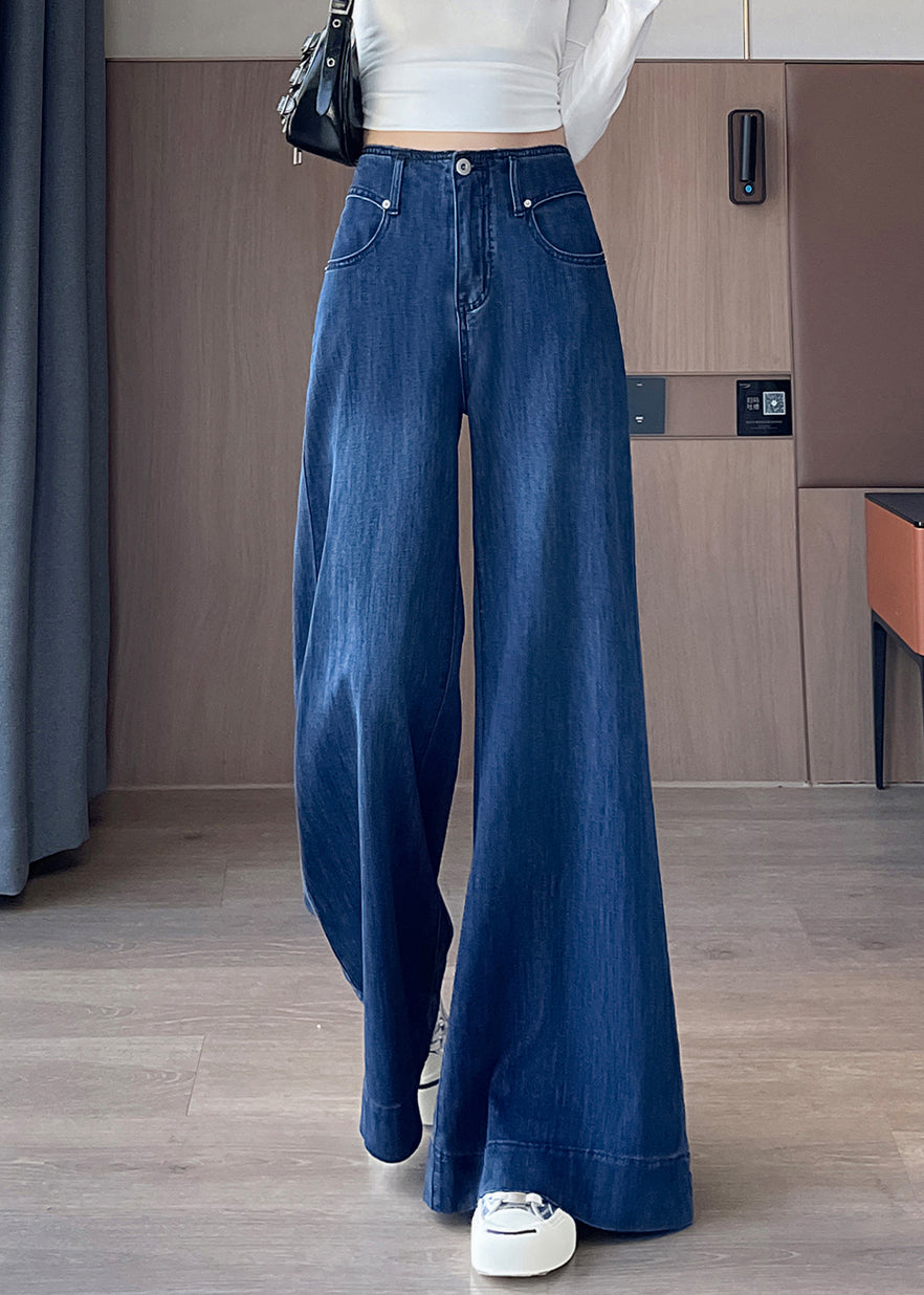 Blue Waist Fall Simple Denim Pockets Trousers High Flared