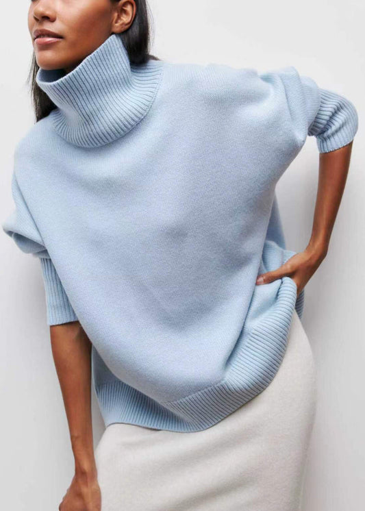 Spring Knit Solid Turtleneck Simple Sweaters Blue