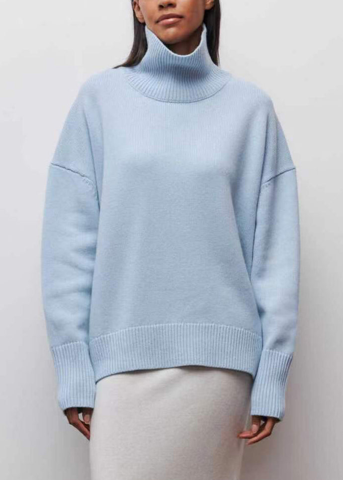 Spring Knit Solid Turtleneck Simple Sweaters Blue