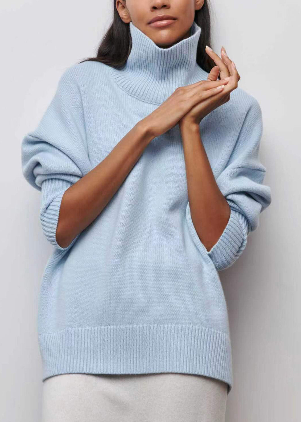 Spring Knit Solid Turtleneck Simple Sweaters Blue