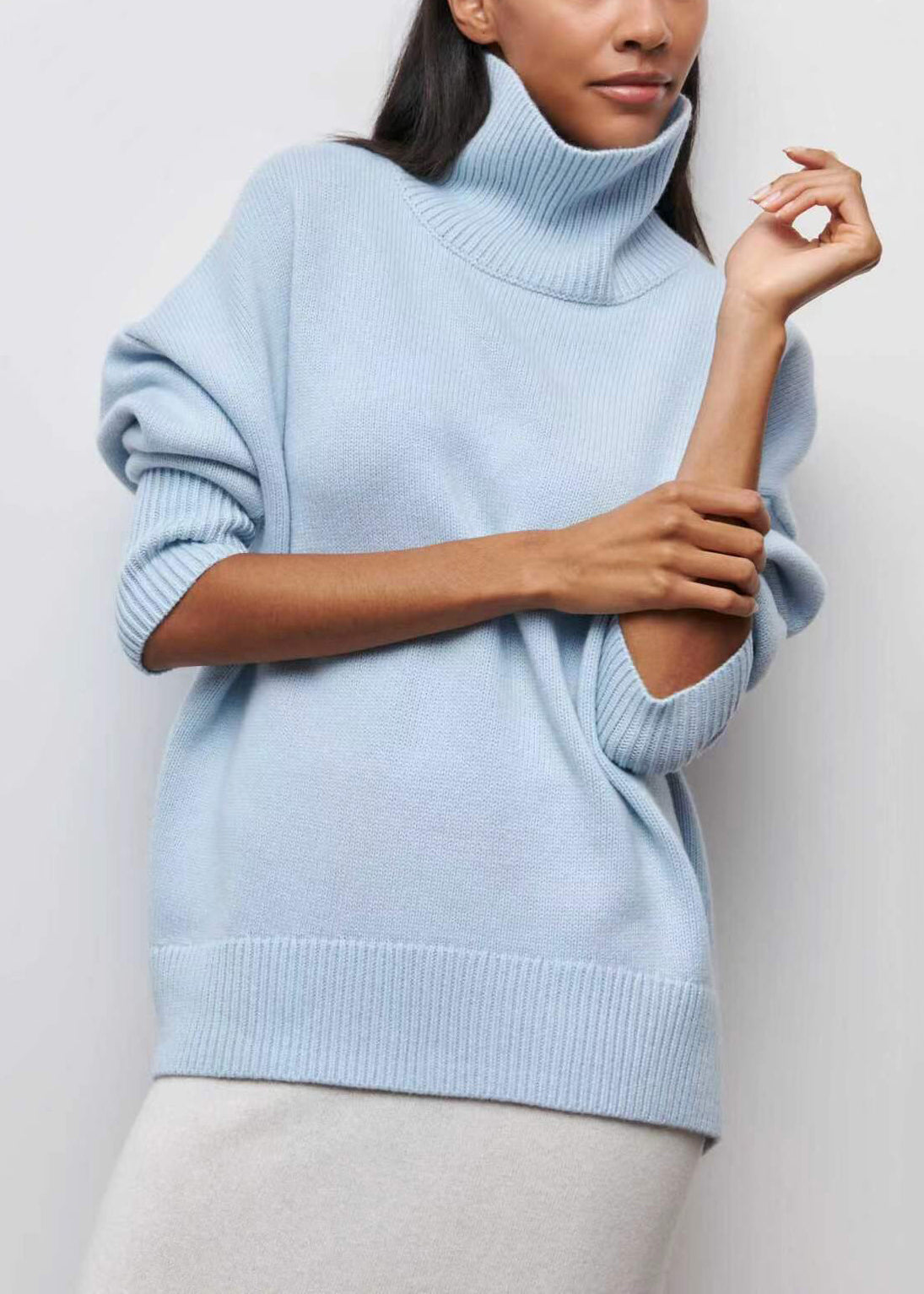 Spring Knit Solid Turtleneck Simple Sweaters Blue