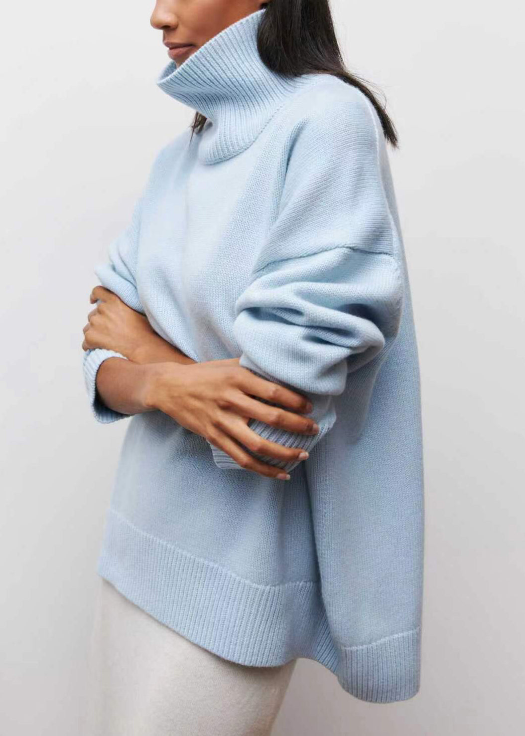 Spring Knit Solid Turtleneck Simple Sweaters Blue