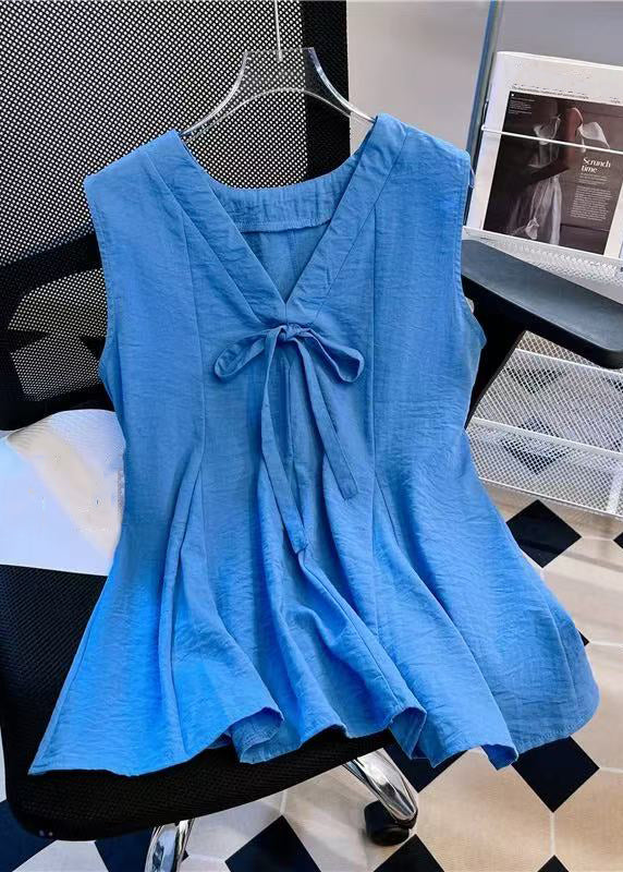 Solid Sleeveless V Cotton Neck Blue Tank Bow Simple