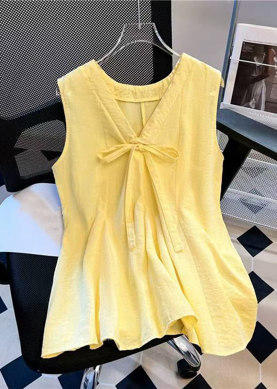 Solid Sleeveless V Cotton Neck Blue Tank Bow Simple