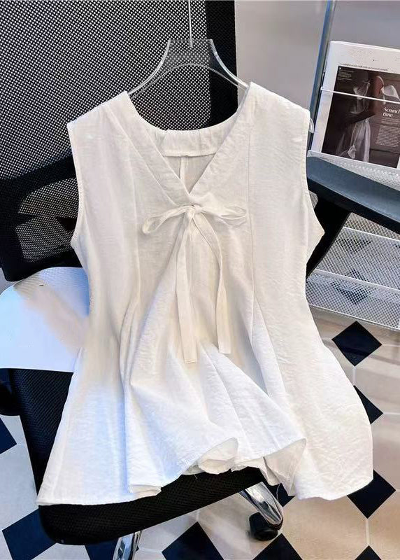 Solid Sleeveless V Cotton Neck Blue Tank Bow Simple