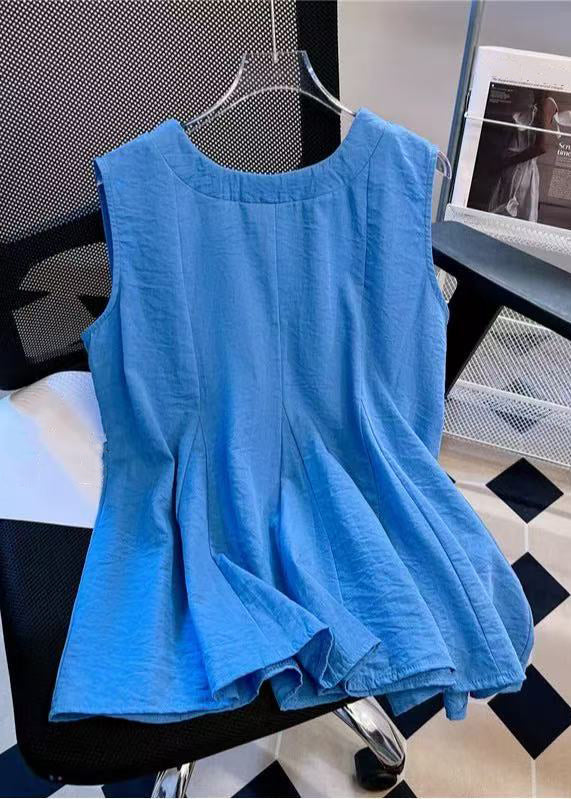 Solid Sleeveless V Cotton Neck Blue Tank Bow Simple