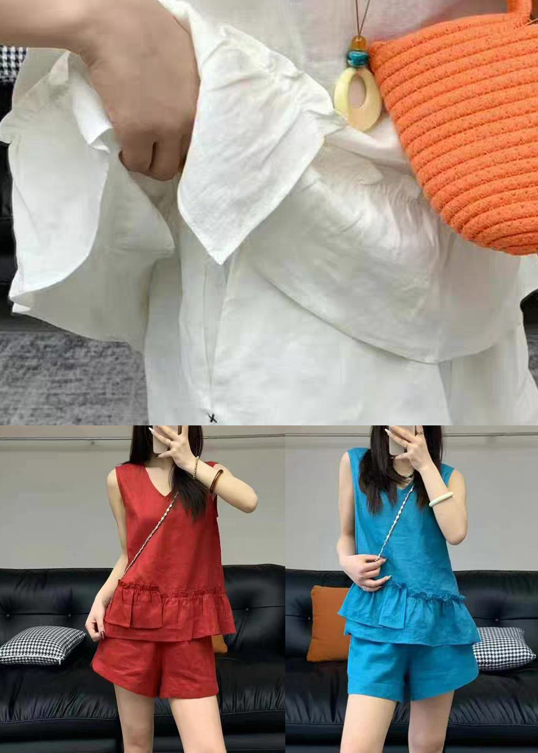 Set Two Blue Sleeveless Neck Linen Simple V Piece Ruffled