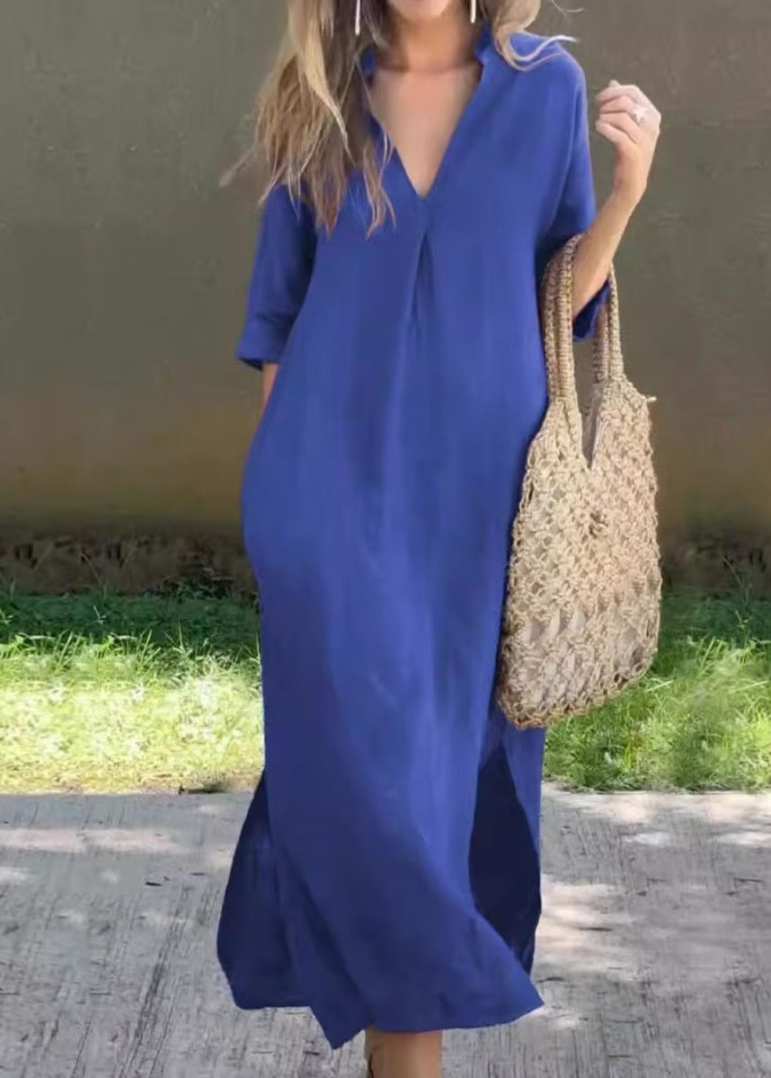 V Blue Linen Simple Neck Summer Dress Long Open Side