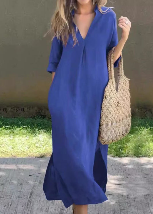 V Blue Linen Simple Neck Summer Dress Long Open Side