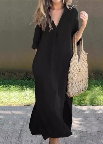 V Blue Linen Simple Neck Summer Dress Long Open Side