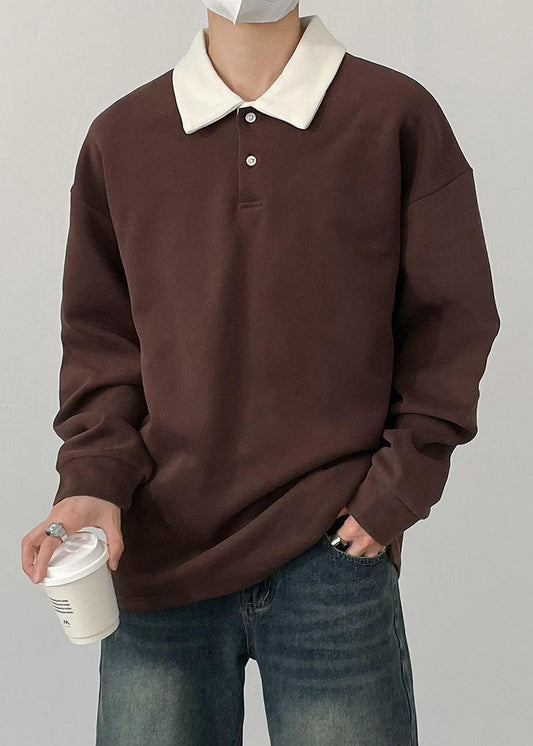 Simple Brown Button Patchwork Cotton Men Polo Shirt Spring TC023