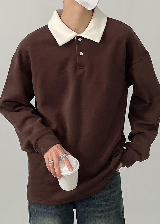 Simple Brown Button Patchwork Cotton Men Polo Shirt Spring TC023