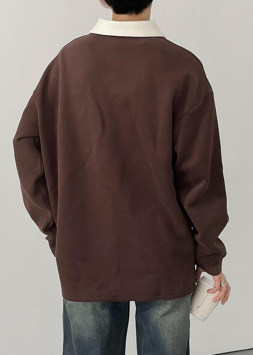 Simple Brown Button Patchwork Cotton Men Polo Shirt Spring TC023