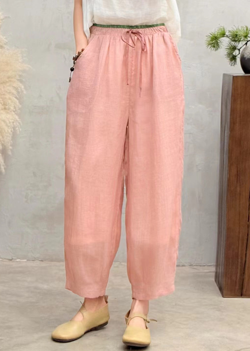 Brown Summer Oversized Harem Linen Pants Simple