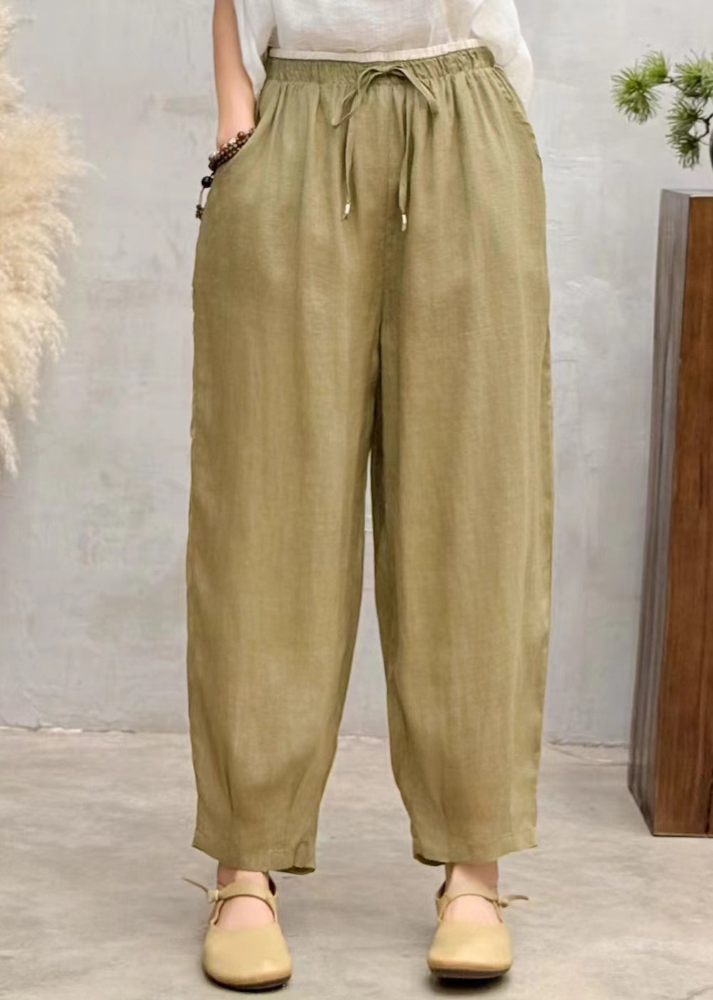 Brown Summer Oversized Harem Linen Pants Simple