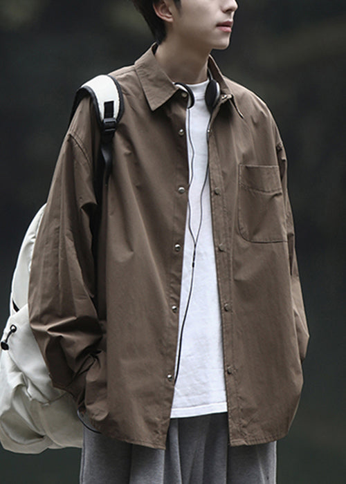 Pan Men Button Spring Shirts Peter Simple Cotton Collar Brown