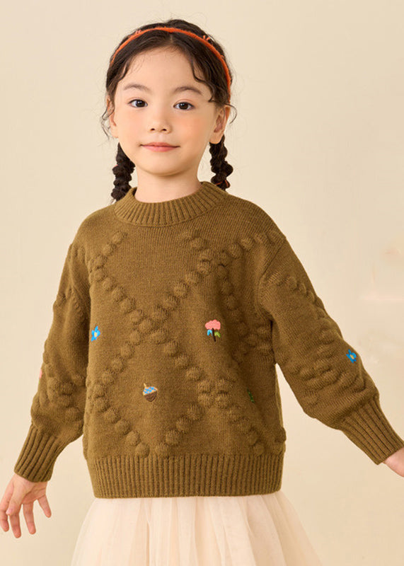 Simple Brown Print Thick Cotton Knit Girls Sweater Puff Sleeve WL041