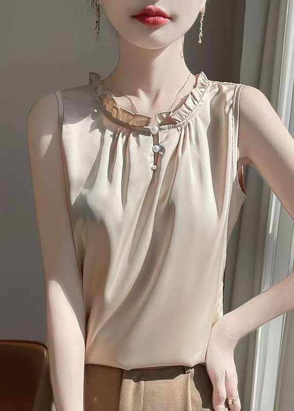 O-Neck Shirt Champagne Silk Simple Button Pearl Summer Color