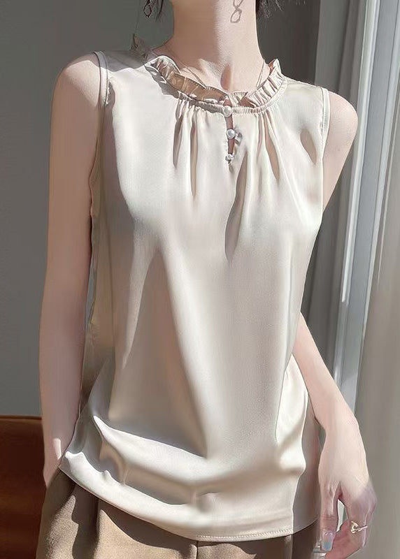O-Neck Shirt Champagne Silk Simple Button Pearl Summer Color