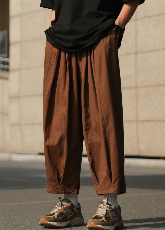 Pants Waist Cotton Simple Elastic Mens Solid Chocolate Crop