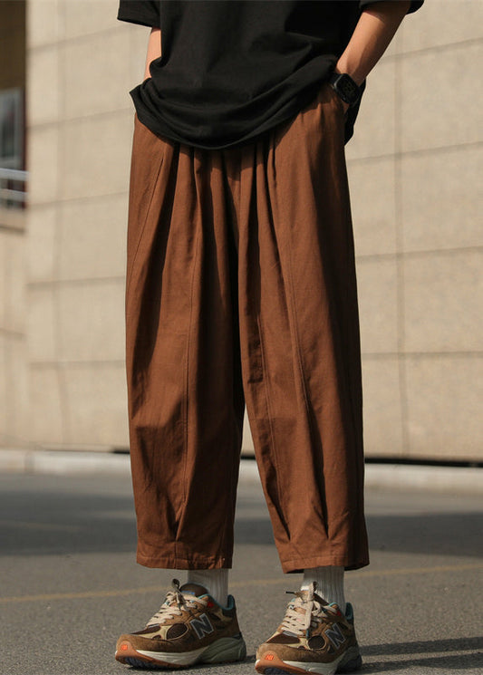 Pants Waist Cotton Simple Elastic Mens Solid Chocolate Crop