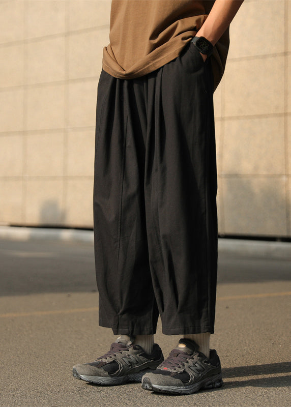 Pants Waist Cotton Simple Elastic Mens Solid Chocolate Crop