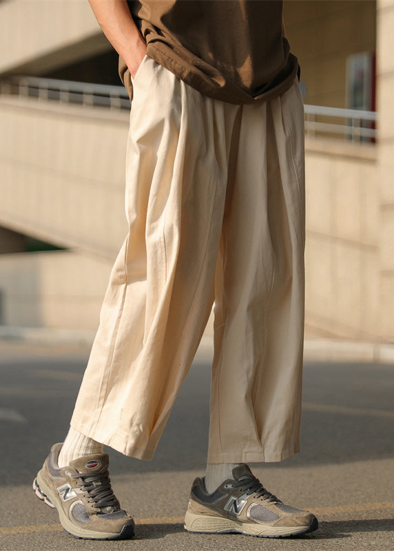 Pants Waist Cotton Simple Elastic Mens Solid Chocolate Crop