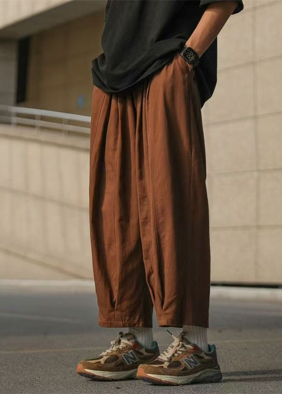 Pants Waist Cotton Simple Elastic Mens Solid Chocolate Crop