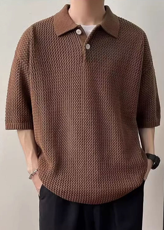 Hollow Coffee Polo Knit Button Simple Out Shirts Summer Men