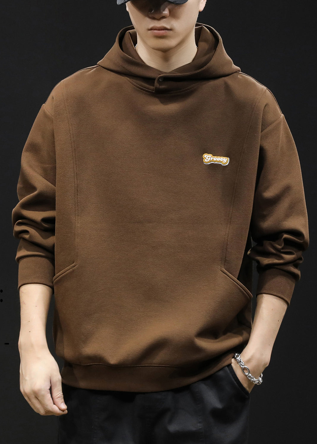 Simple Coffee Hooded Solid Warm Fleece Men Sweatshirt Winter RP071