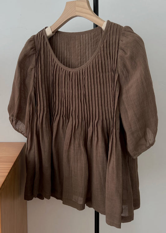 Coffee Simple O Sleeve Shirt Neck Linen Wrinkled Half