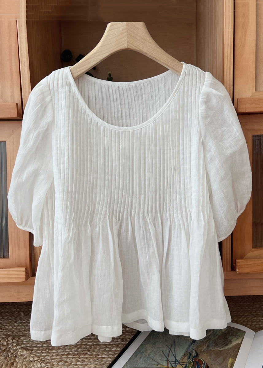 Coffee Simple O Sleeve Shirt Neck Linen Wrinkled Half