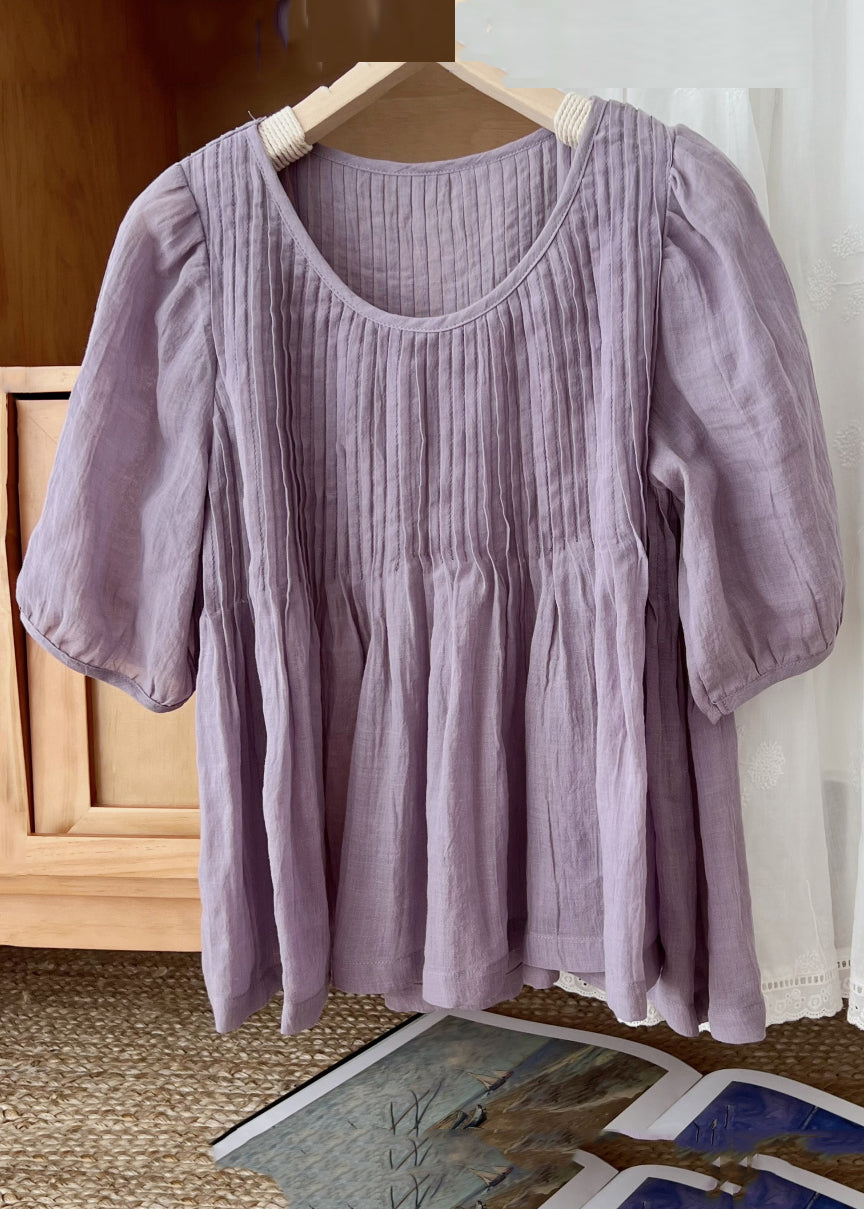 Coffee Simple O Sleeve Shirt Neck Linen Wrinkled Half