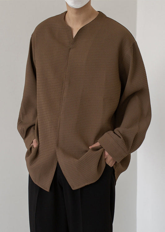 Simple Shirts Pullover Neck Cotton Men V Solid Spring Coffee