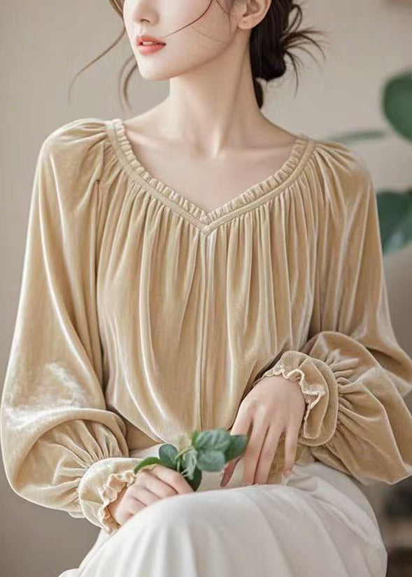 Simple Coffee V Neck Wrinkled Solid Silk Velour Shirt Spring TY007