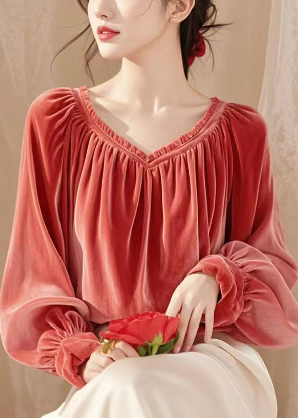 Simple Coffee V Neck Wrinkled Solid Silk Velour Shirt Spring TY007