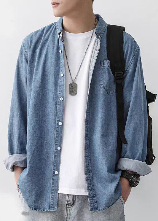 Collar Pan Peter Men Spring Denim Button Shirts Dark Blue Simple