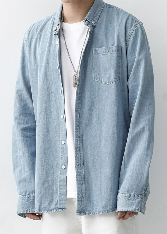 Collar Pan Peter Men Spring Denim Button Shirts Dark Blue Simple