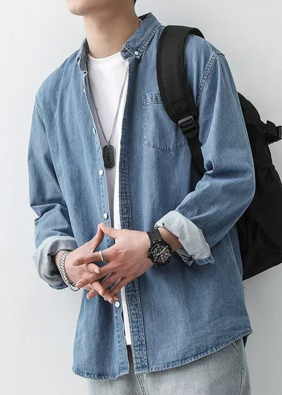 Collar Pan Peter Men Spring Denim Button Shirts Dark Blue Simple