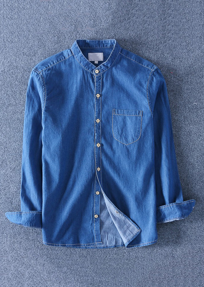 Pan Simple Shirts Pockets Blue Collar Men Dark Solid Denim Peter