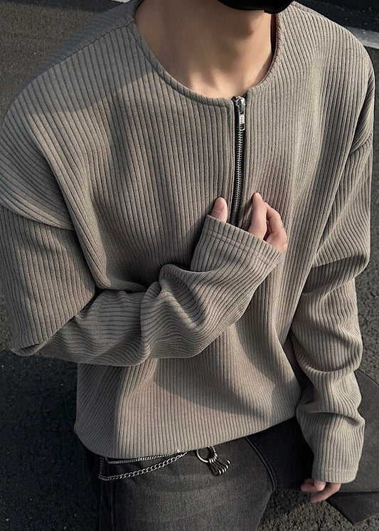 Men Solid Spring T Simple Cotton Dark Shirts Zip Up Gray