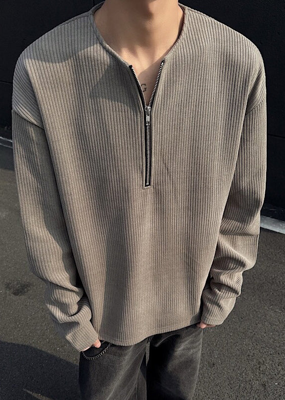 Men Solid Spring T Simple Cotton Dark Shirts Zip Up Gray