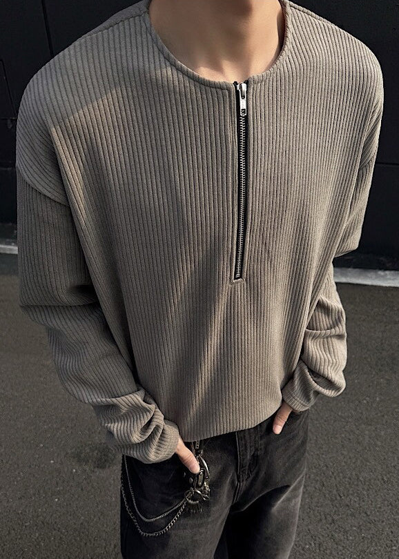 Men Solid Spring T Simple Cotton Dark Shirts Zip Up Gray