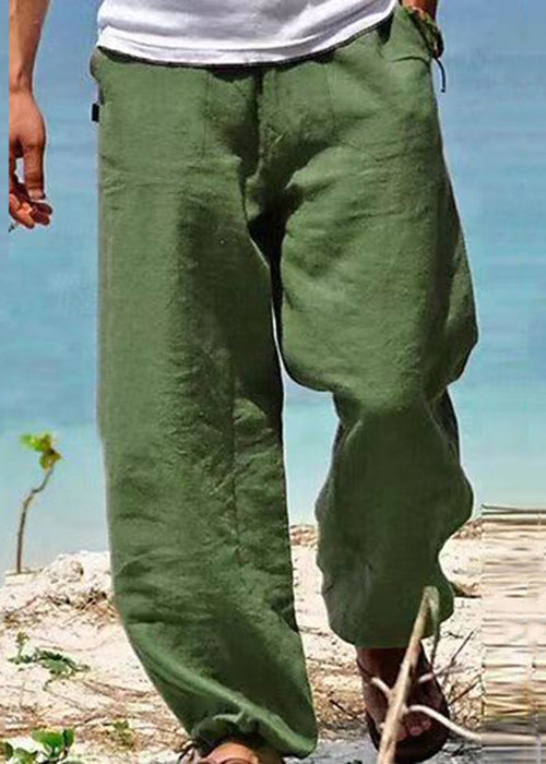 Pants Summer Men Green Simple Cotton Pockets Solid