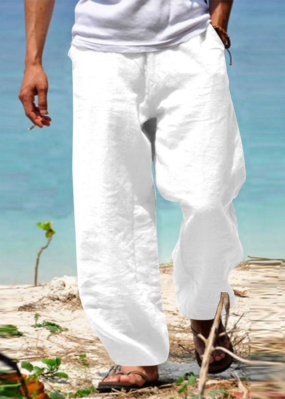 Pants Summer Men Green Simple Cotton Pockets Solid