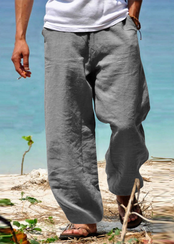 Pants Summer Men Green Simple Cotton Pockets Solid